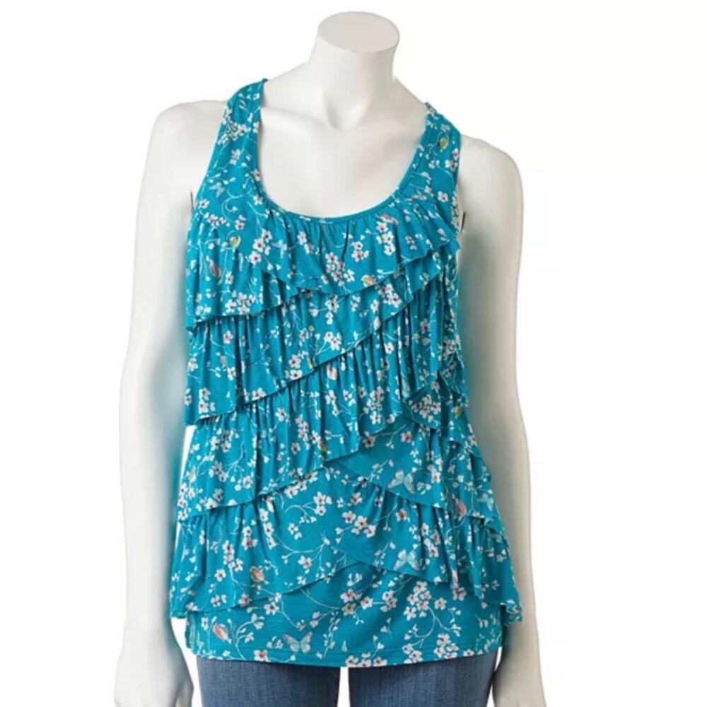 LC Lauren Conrad Floral Blue Crochet Back Tiered Ruffle Tank Size XS